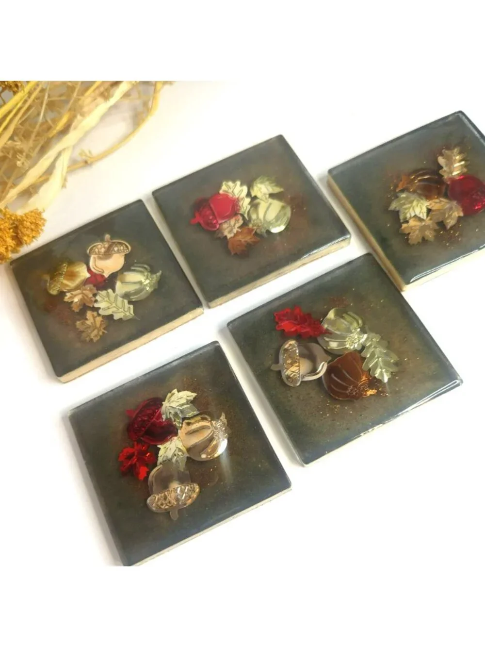 Handmade Resin Square Coaster Set With Holder Fall Autumn Themed Leaves Pumpkin